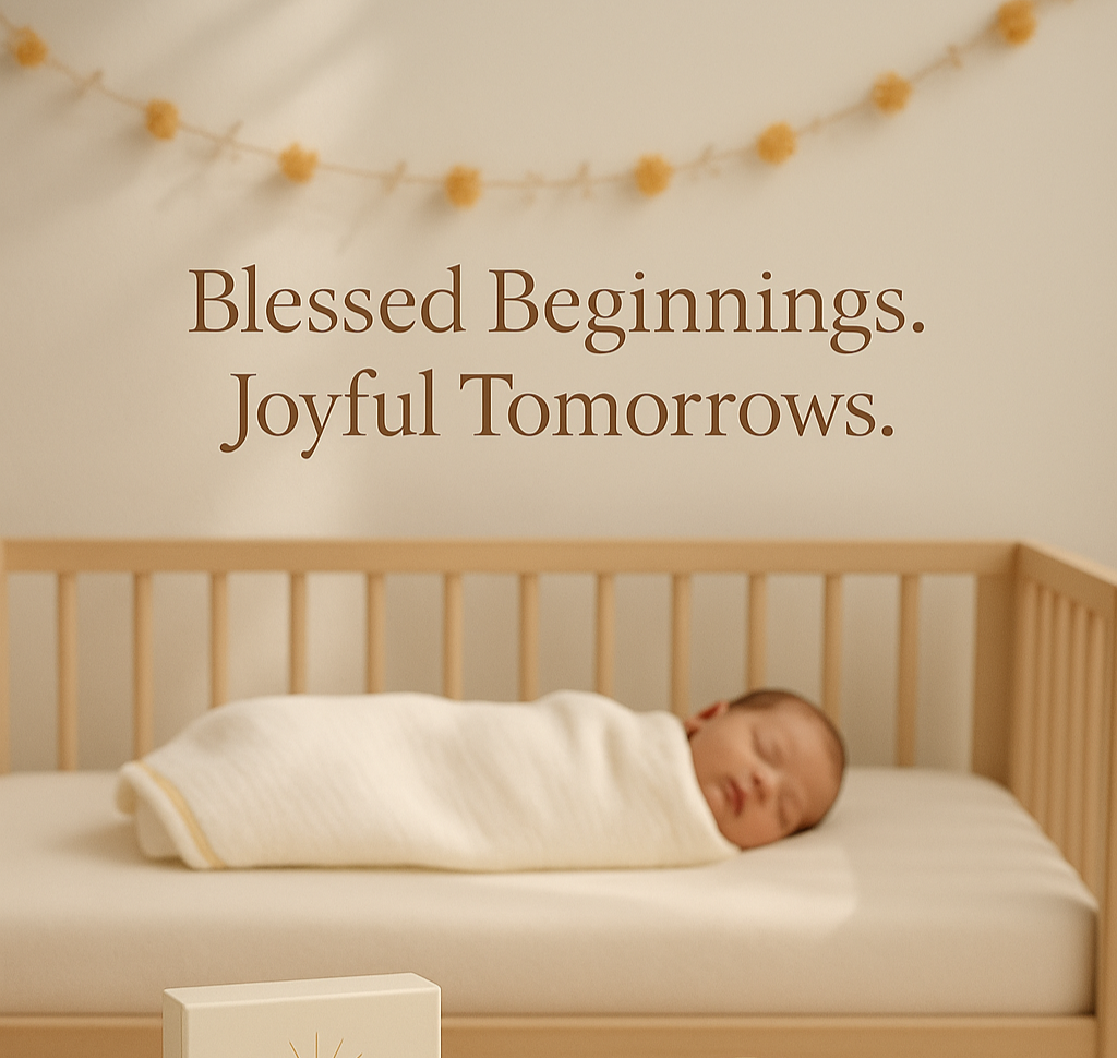 Newborn baby sleeping in a crib with 'Blessed Beginnings. Joyful Tomorrows.' text above.