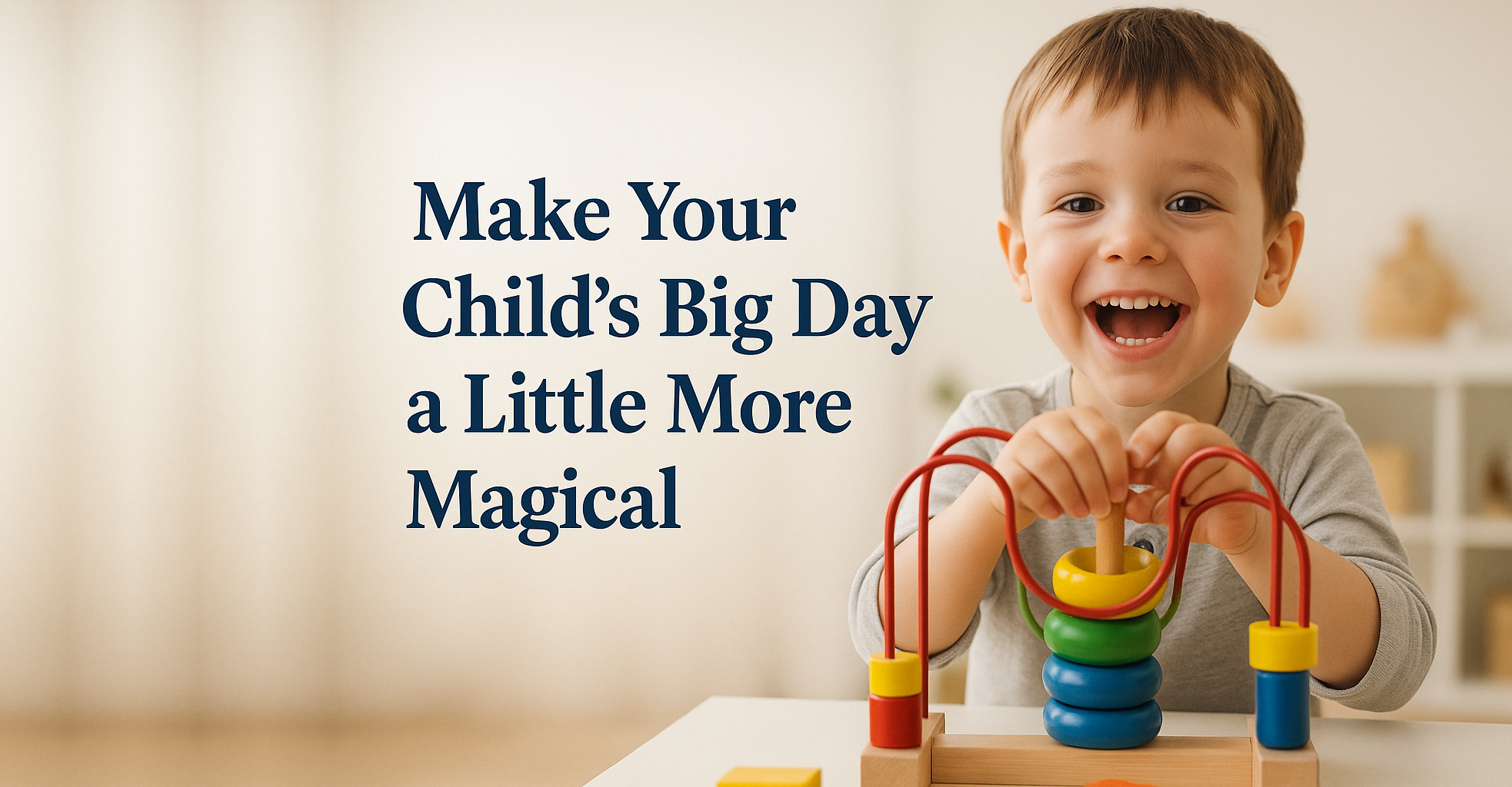 Child playing with a colorful toy, with text 'Make Your Child's Big Day a Little More Magical' on a blurred background.
