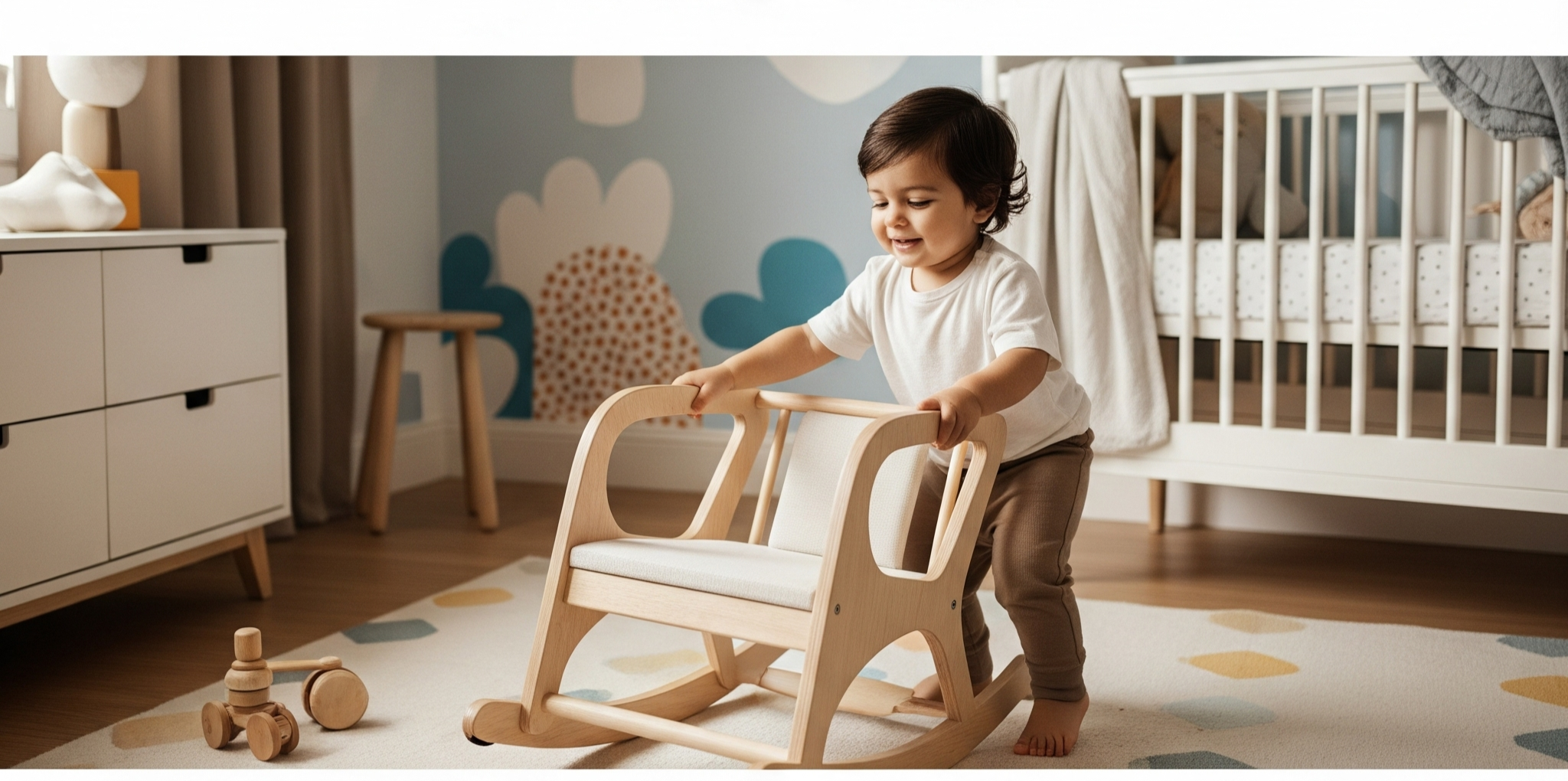 Child playing with a wooden chair in a nursery room with text overlay 'The Art of Play'.