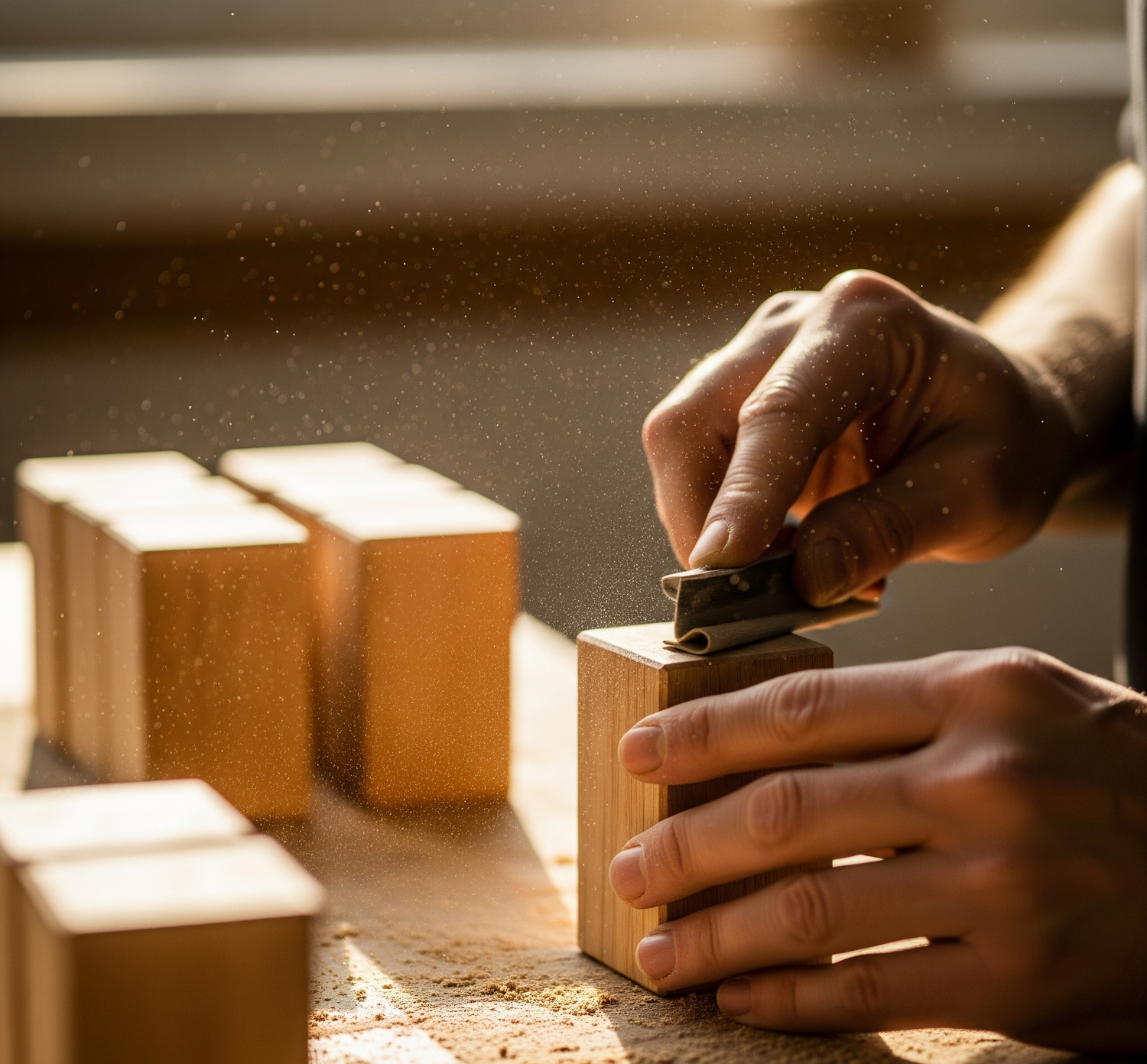 Person sanding wooden blocks with a sanding block on a wooden surface.