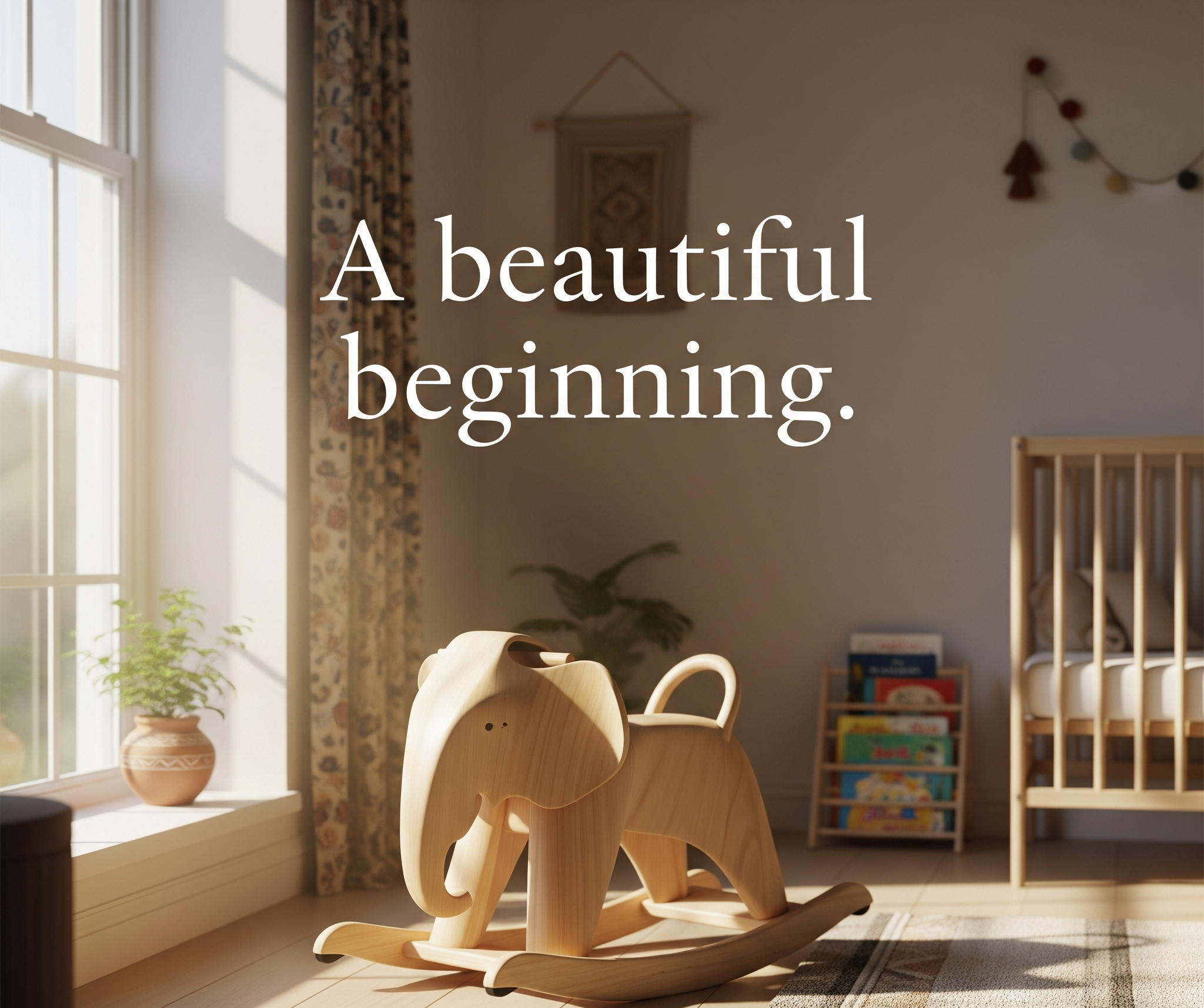 Wooden rocking horse in a sunlit nursery with text 'A beautiful beginning'.