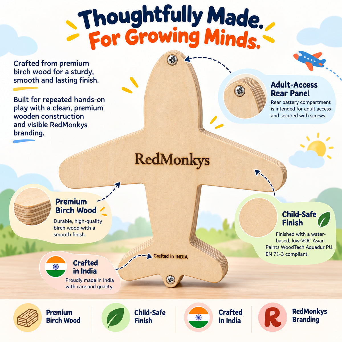 Sky Explorer premium birch wood construction with child-safe finish, adult-access rear panel and RedMonkys branding