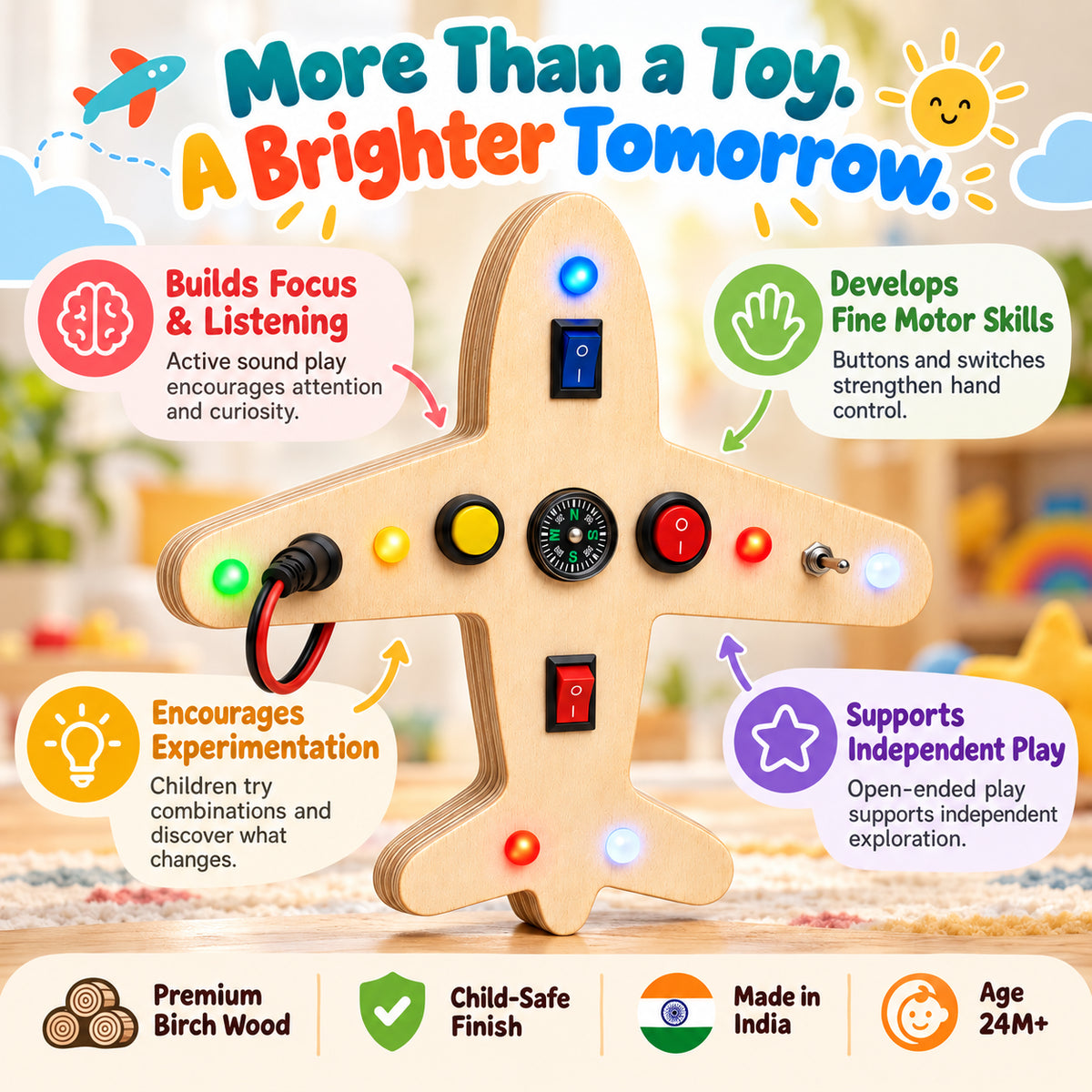 Sky Explorer wooden activity board supporting focus, fine motor skills, experimentation and independent hands-on play