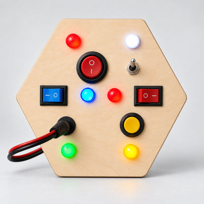 RedMonkys Honeycomb Explorer hexagon wooden busy board with switches, lights and interactive controls for kids 12 months+