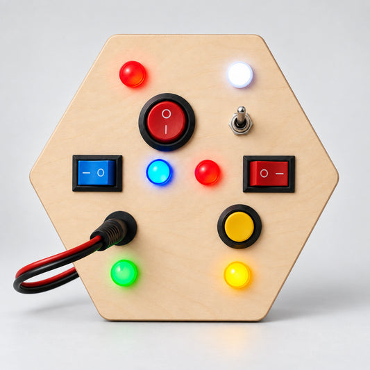 RedMonkys Honeycomb Explorer hexagon wooden busy board with switches, lights and interactive controls for kids 12 months+