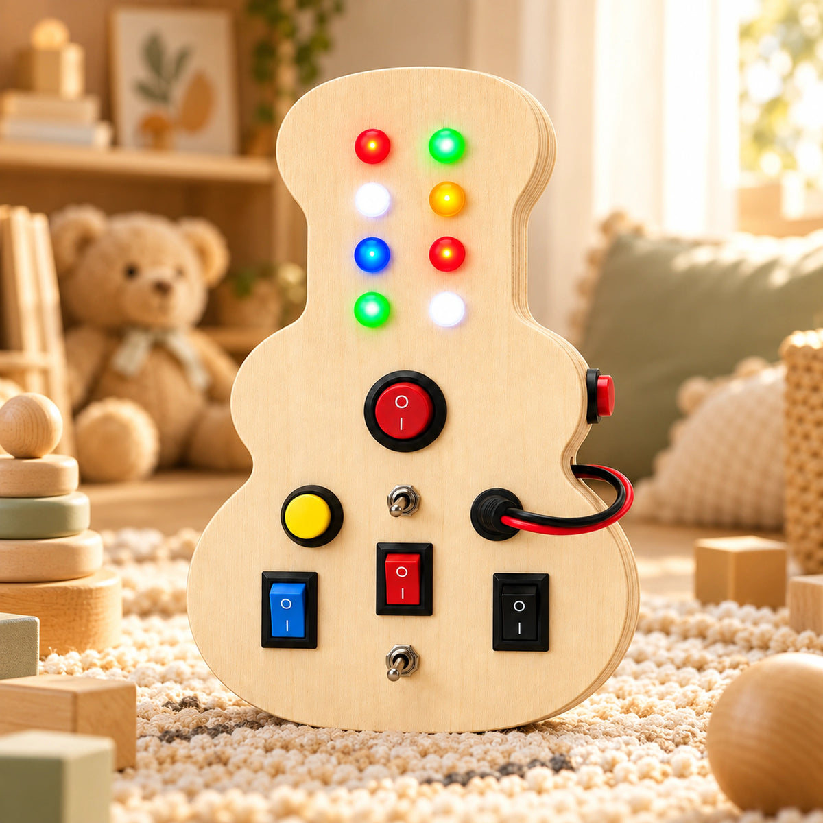 RedMonkys Melody Explorer wooden musical busy board displayed in a warm playroom with glowing LED lights
