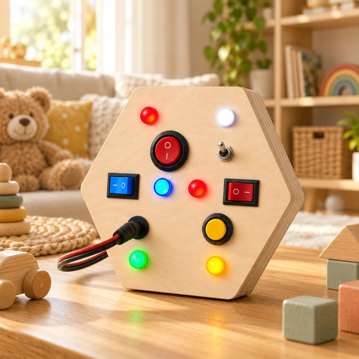 RedMonkys Honeycomb Explorer wooden busy board with illuminated LEDs displayed in a warm children's playroom