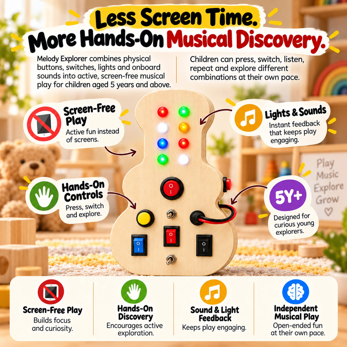 RedMonkys Melody Explorer busy board for screen-free musical play with lights, sounds and hands-on controls