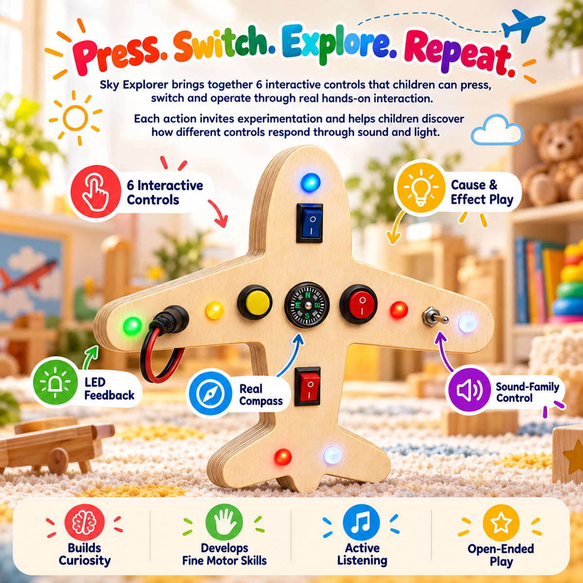 Sky Explorer interactive busy board with 6 hands-on controls, LED feedback, sound-family control and real compass
