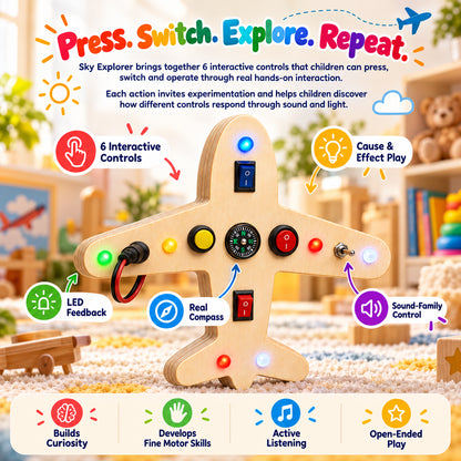 Sky Explorer interactive busy board with 6 hands-on controls, LED feedback, sound-family control and real compass