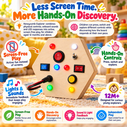 RedMonkys Honeycomb Explorer busy board for screen-free hands-on play with lights, sounds and physical controls for 12 months+