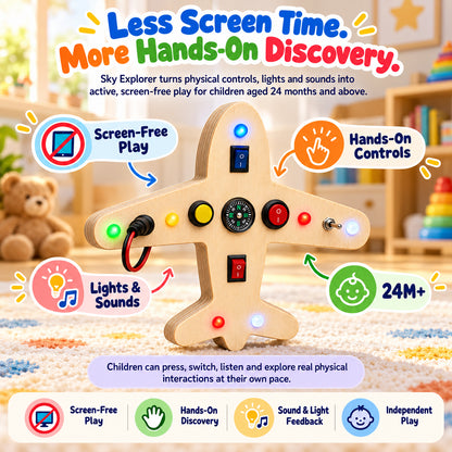 Sky Explorer screen-free wooden busy board for toddlers 24 months+ with hands-on controls, lights and onboard sounds