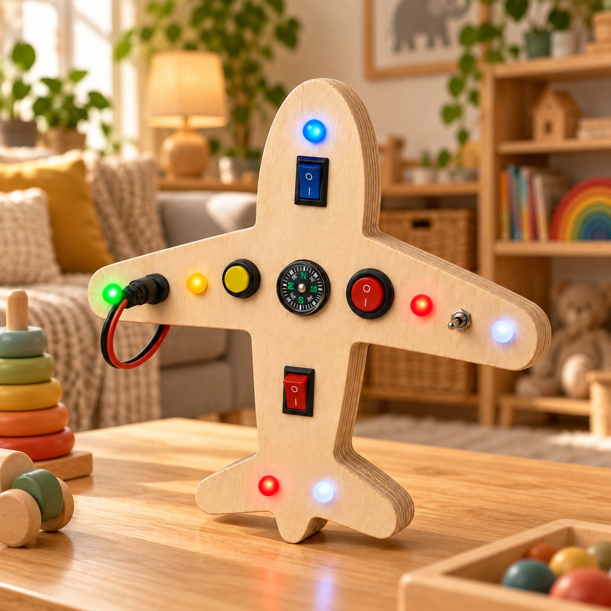 RedMonkys Sky Explorer wooden airplane busy board displayed in a warm children’s playroom with illuminated LEDs
