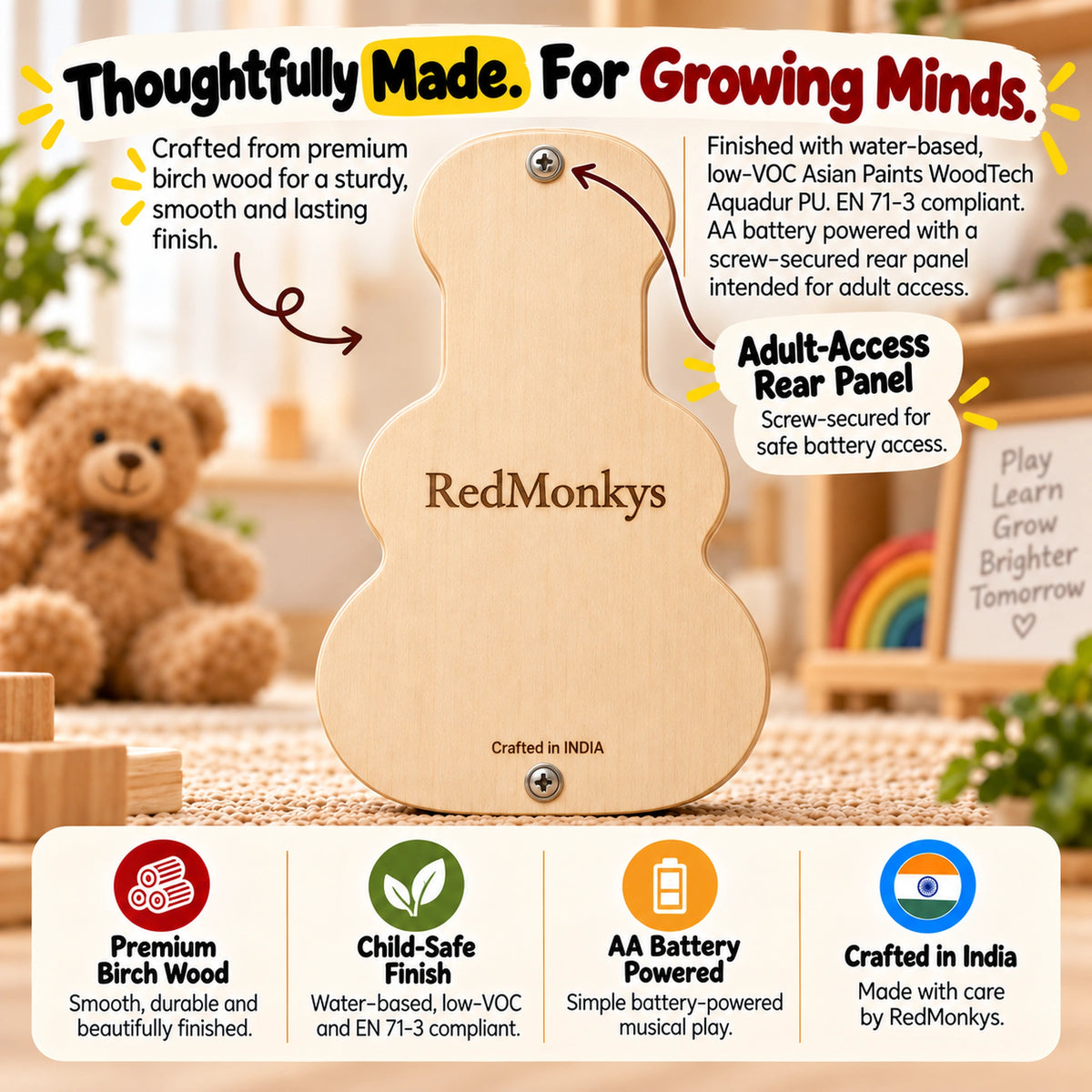 Back of RedMonkys Melody Explorer made from premium birch wood with child-safe finish and adult-access battery panel