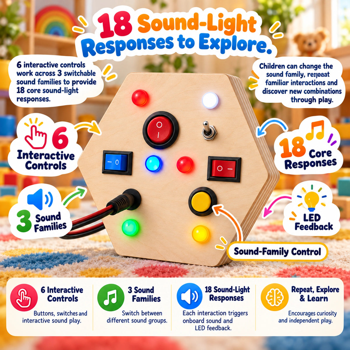 RedMonkys Honeycomb Explorer with 6 interactive controls, 3 sound families and 18 sound-light responses