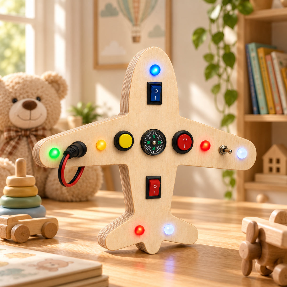 Sky Explorer airplane-shaped wooden busy board with colorful LED lights displayed in a bright child-friendly playroom