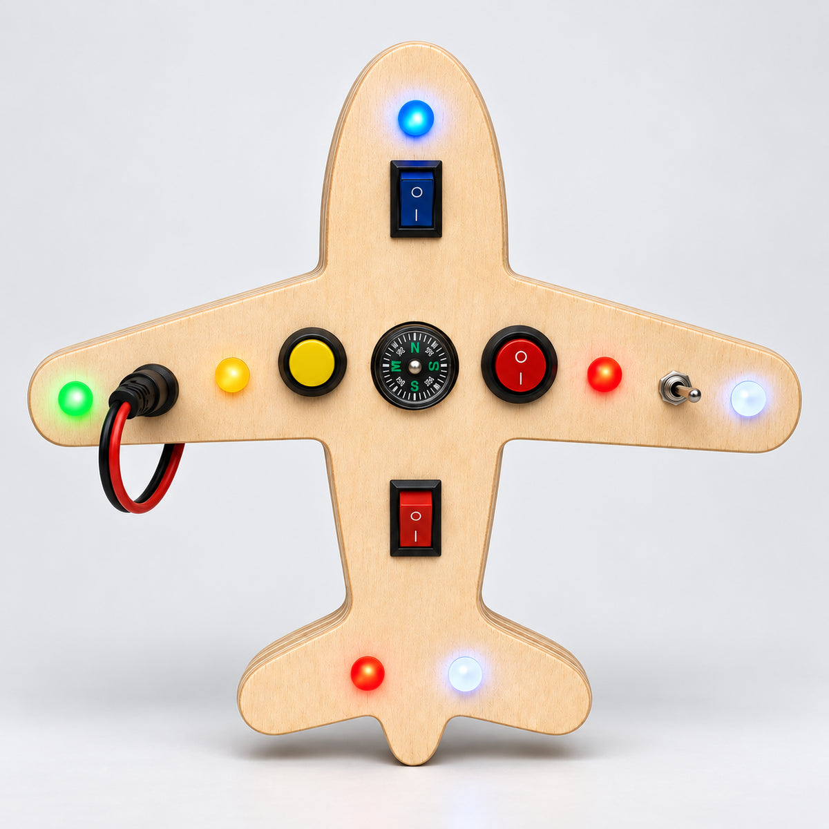 RedMonkys Sky Explorer airplane wooden busy board with lights, switches, sound controls and real compass for kids 24 months+