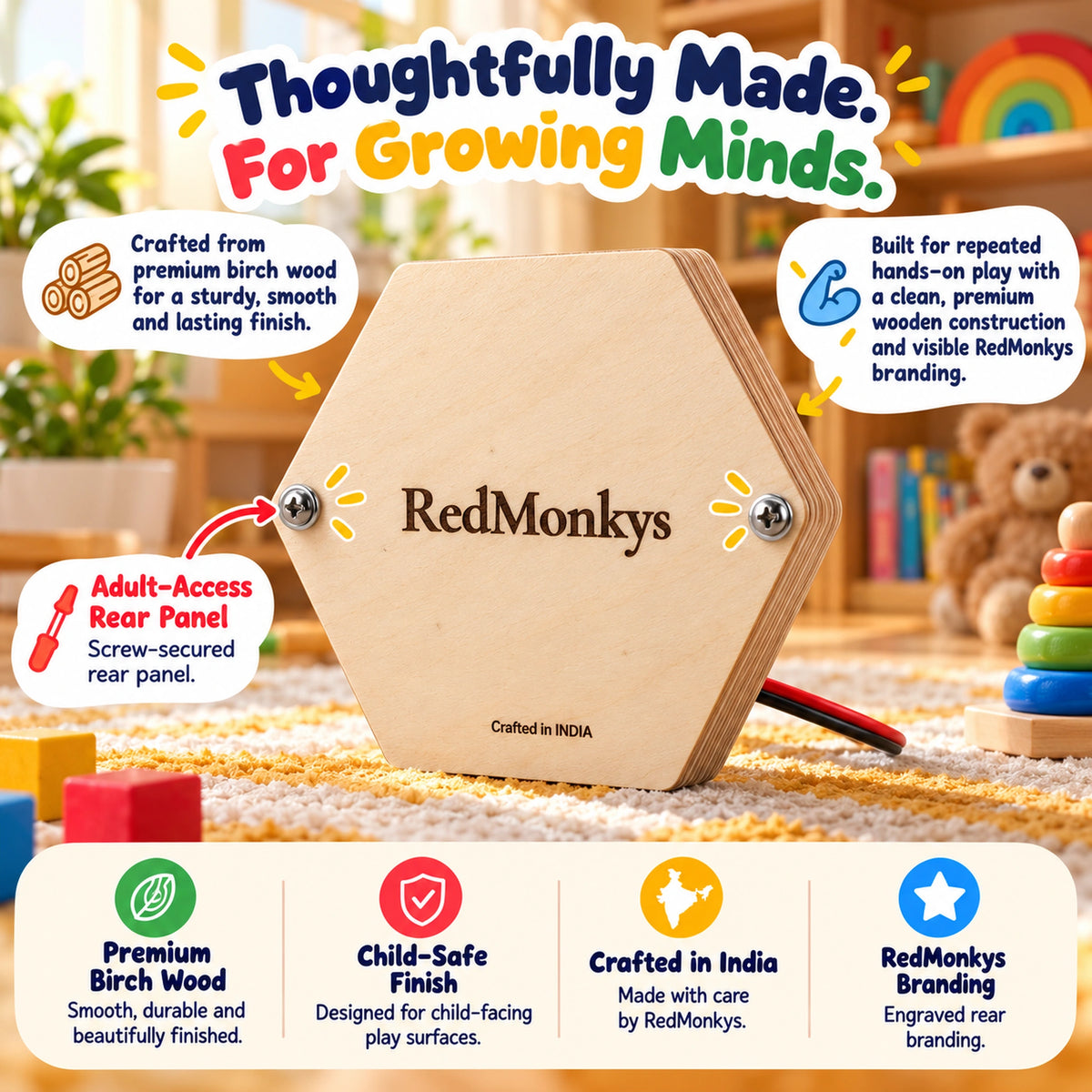 Back of RedMonkys Honeycomb Explorer showing premium birch wood construction, RedMonkys branding and screw-secured rear panel