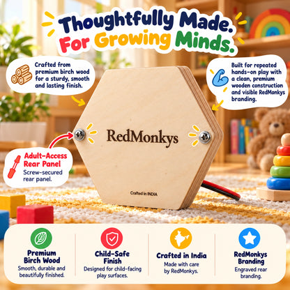 Back of RedMonkys Honeycomb Explorer showing premium birch wood construction, RedMonkys branding and screw-secured rear panel