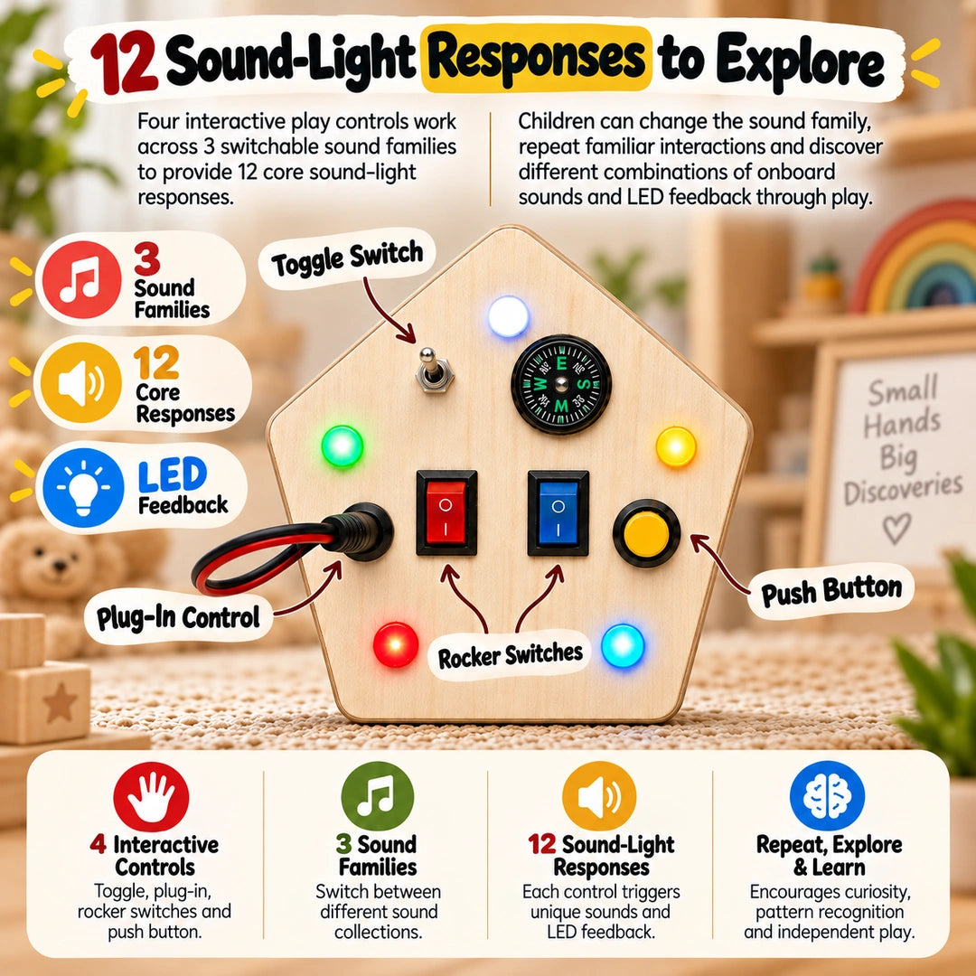 RedMonkys Pentagon Explorer Busy Board showing illuminated LEDs and interactive controls