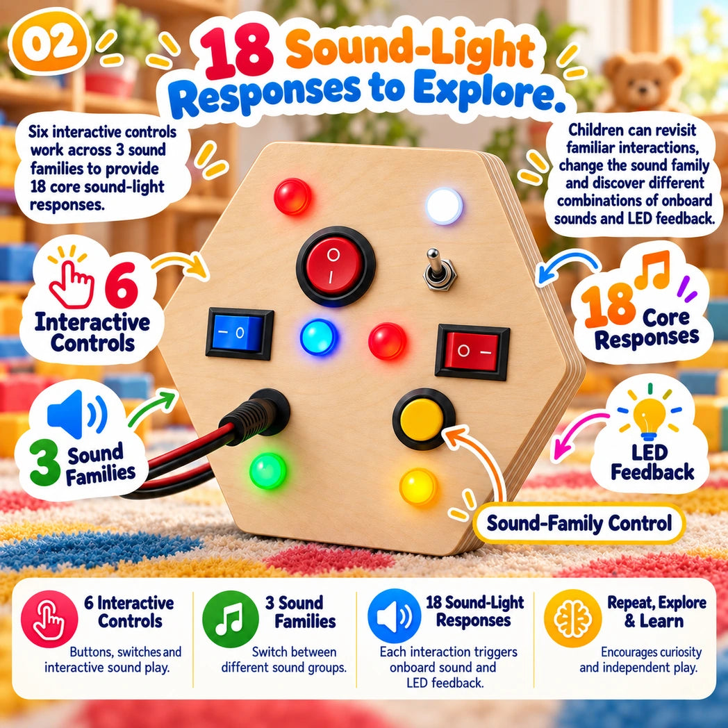 RedMonkys Honeycomb Explorer Busy Board showing illuminated LEDs and interactive controls