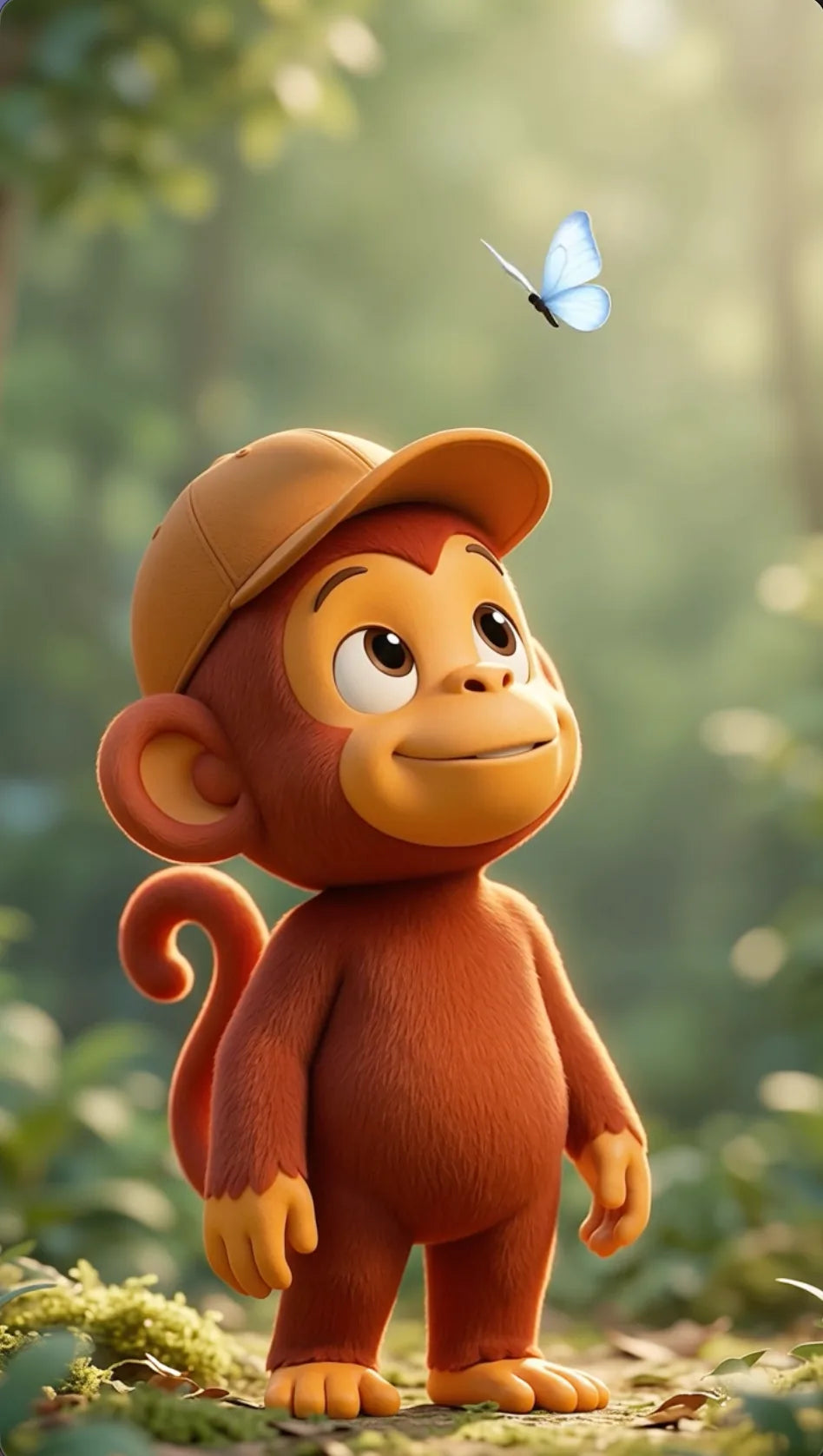 A cute 3D cartoon baby monkey wearing a tan cap, standing in a sunlit forest with a blue butterfly in the air.