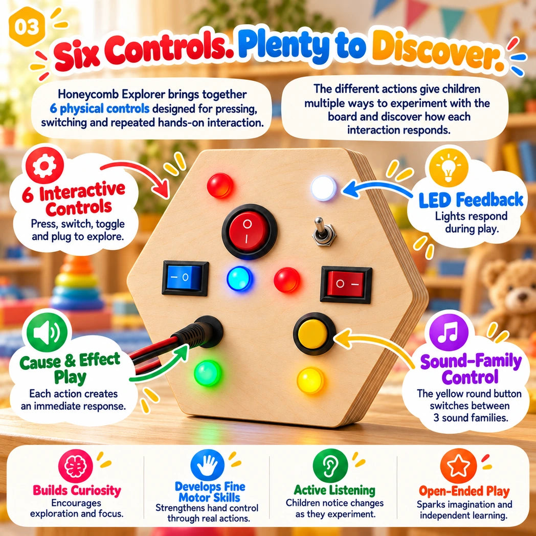 Child operating the physical controls on the RedMonkys Honeycomb Explorer Busy Board
