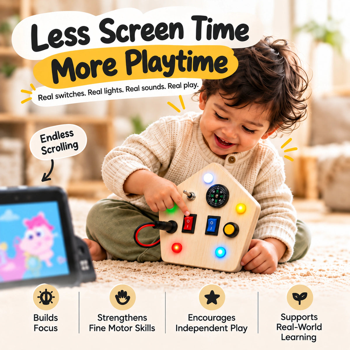 Child playing with RedMonkys wooden busy board featuring lights and switches for screen-free play