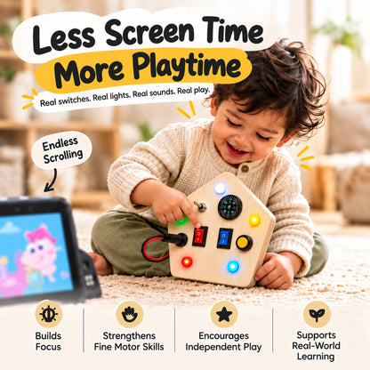 Child playing with RedMonkys wooden busy board featuring lights and switches for screen-free play