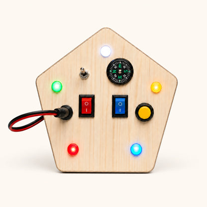 RedMonkys Pentagon Explorer wooden busy board with switches, LED lights, compass and interactive controls