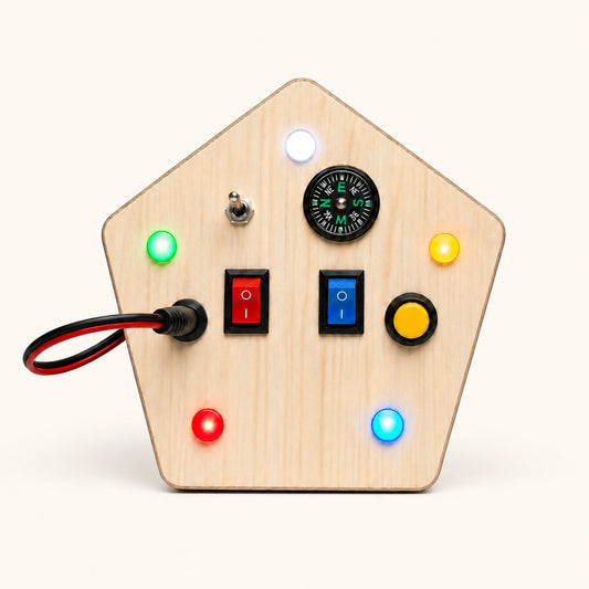 RedMonkys Pentagon Explorer wooden busy board with switches, LED lights, compass and interactive controls