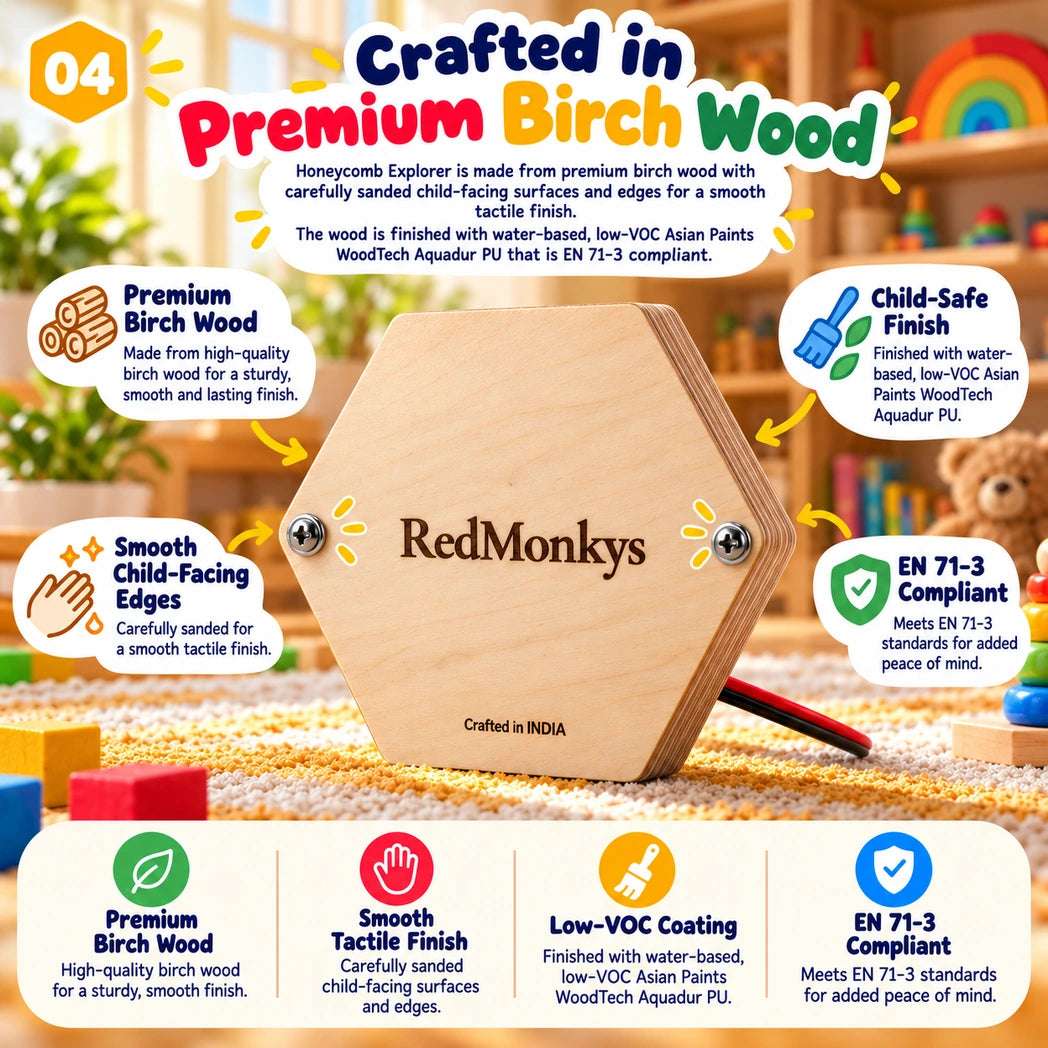 Close-up of the premium birch wood construction of the RedMonkys Honeycomb Explorer Busy Board