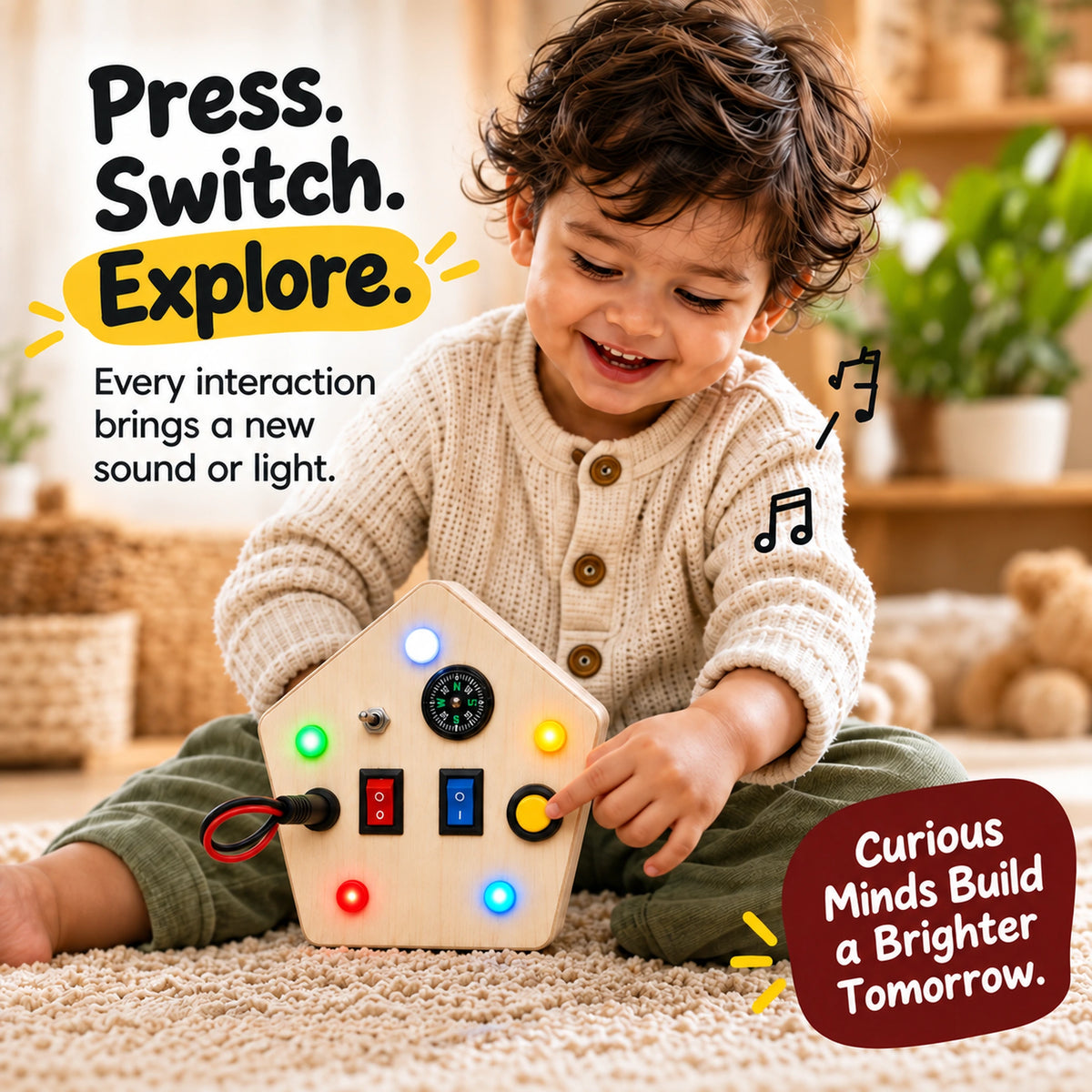 Toddler exploring RedMonkys wooden busy board by pressing buttons and switches with lights and sounds
