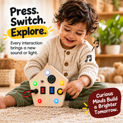 Toddler exploring RedMonkys wooden busy board by pressing buttons and switches with lights and sounds