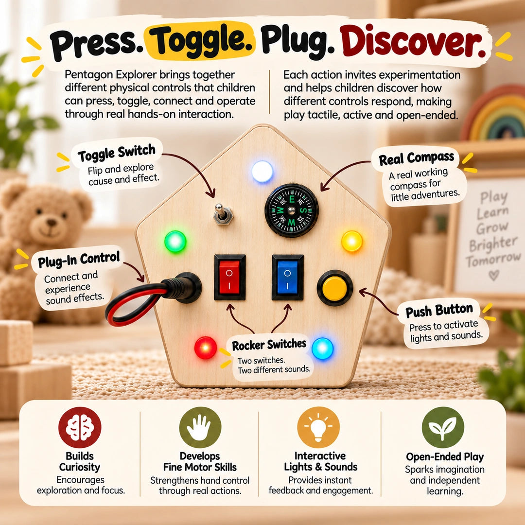 Child operating the physical controls on the RedMonkys Pentagon Explorer Busy Board