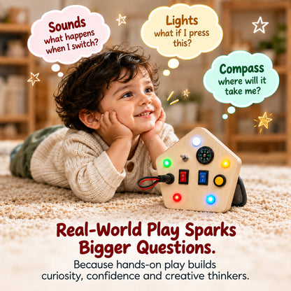 Child with RedMonkys interactive wooden busy board exploring lights, sounds, switches and compass