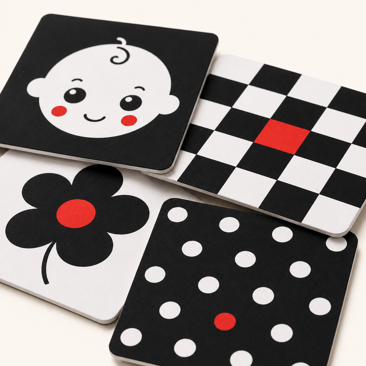 Close-up of RedMonkys Baby Contrast Cards 0 to 6 months laminated visual cards