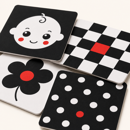 Close-up of RedMonkys Baby Contrast Cards 0 to 6 months laminated visual cards
