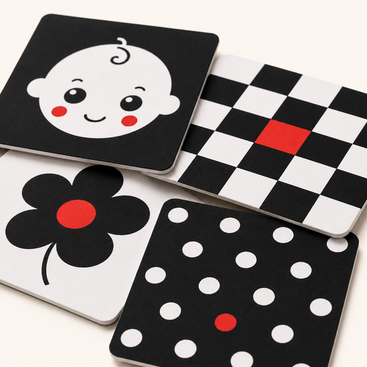 Close-up of RedMonkys Baby Contrast Cards 0 to 6 months laminated visual cards