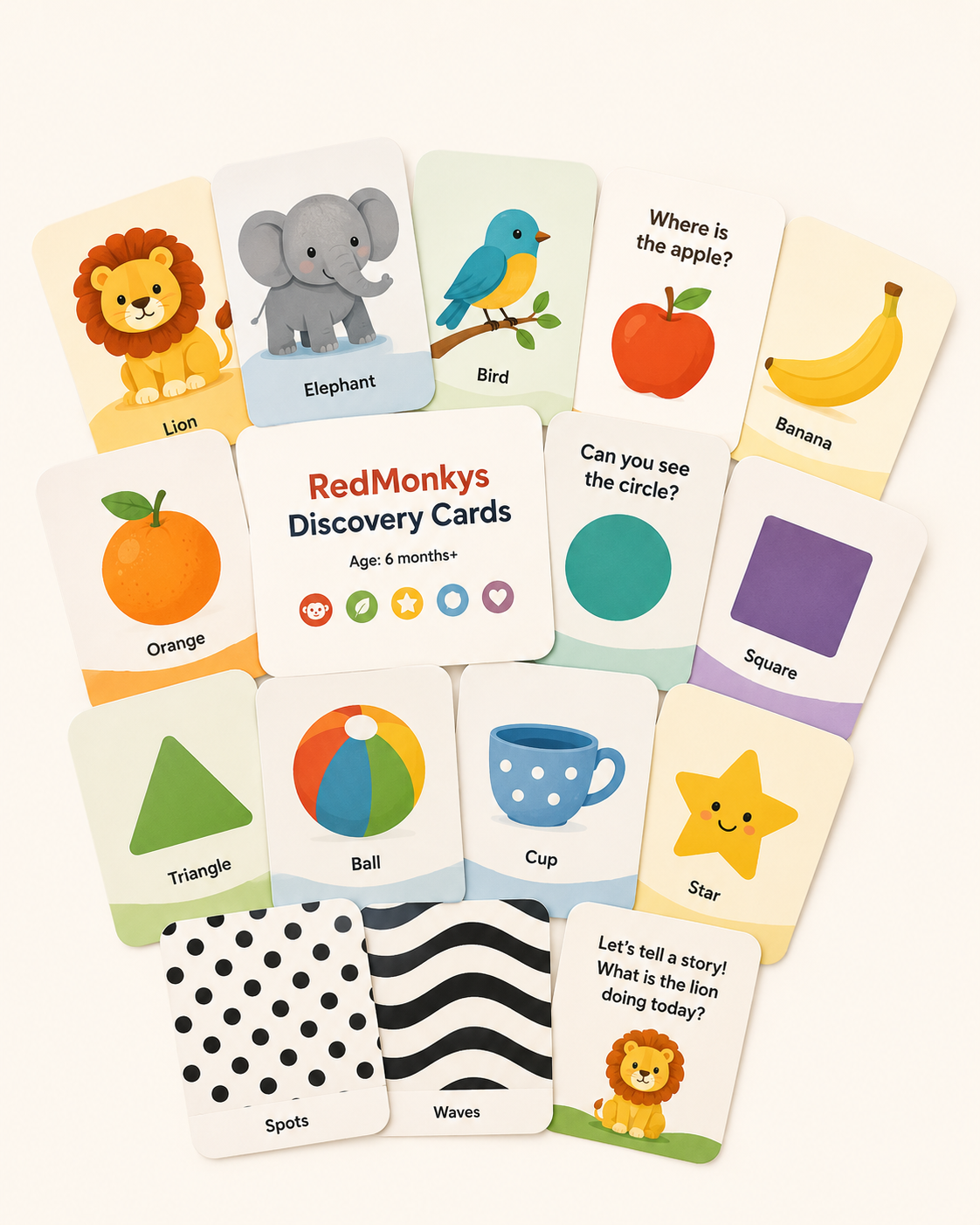RedMonkys Baby Discovery Cards 6 plus months colourful early learning card spread