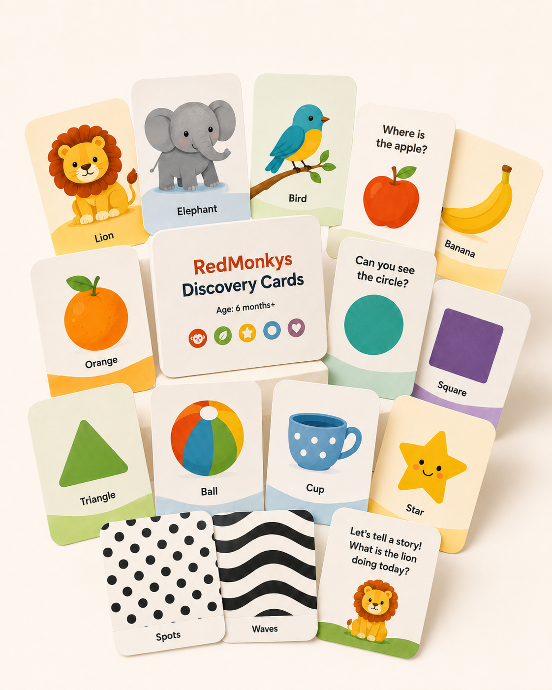 Close-up of RedMonkys Baby Discovery Cards 6 plus months early recognition cards