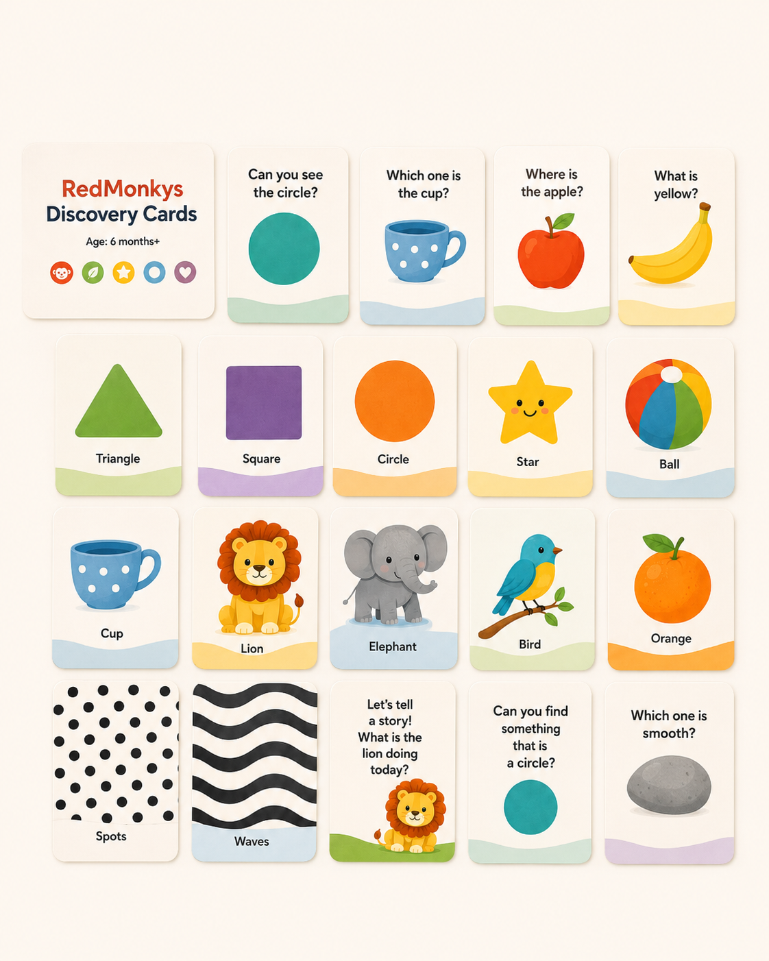 RedMonkys Baby Discovery Cards 6 plus months display layout with colourful cards