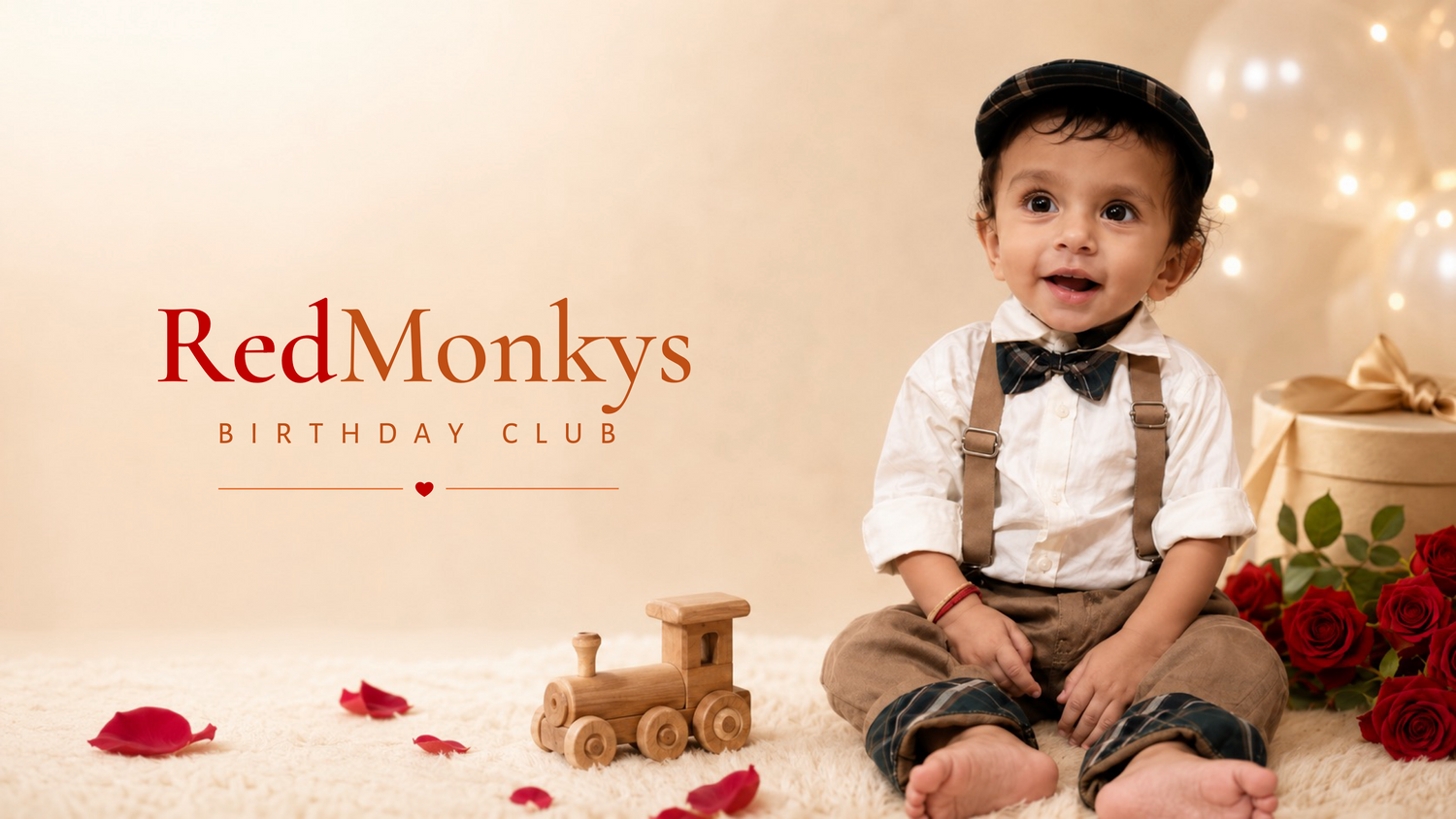 RedMonkys Birthday Club banner featuring a smiling child with roses, a gift box, and a wooden toy train