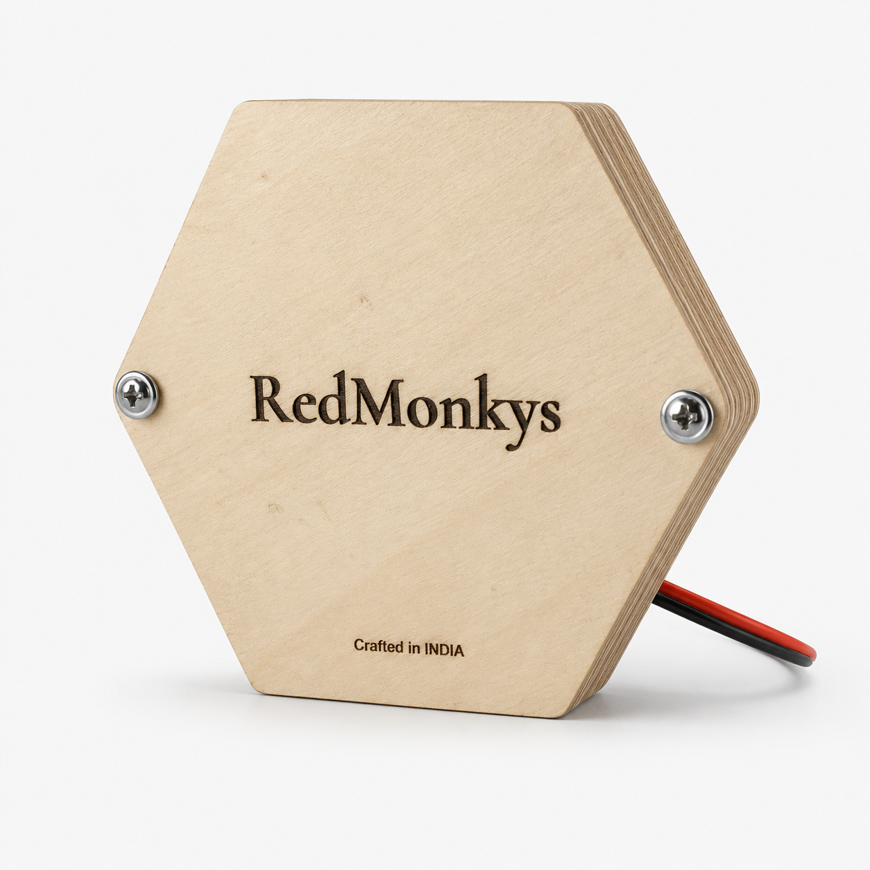 Back view of RedMonkys Honeycomb Explorer wooden busy board showing premium birch wood finish and RedMonkys branding