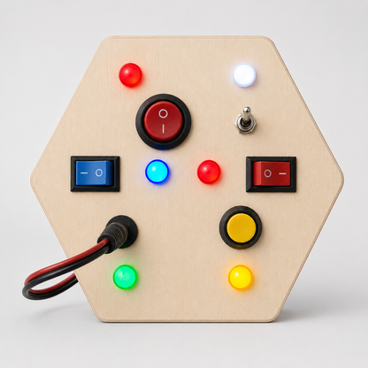 RedMonkys Honeycomb Explorer Busy Board front view with six switches and soft LED lights
