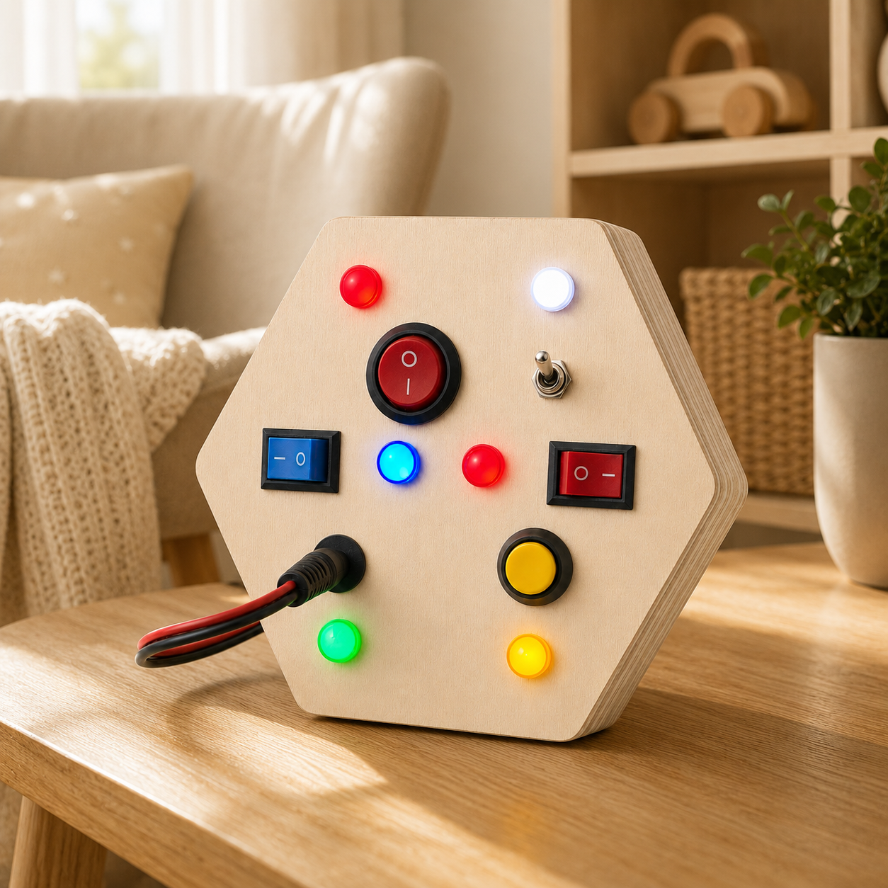 RedMonkys Honeycomb Explorer Busy Board lifestyle image on wooden table in a calm home setting