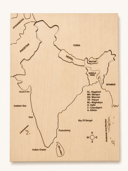 Birch base tray of RedMonkys Map of India Puzzle showing India map cutouts and engraved geography details