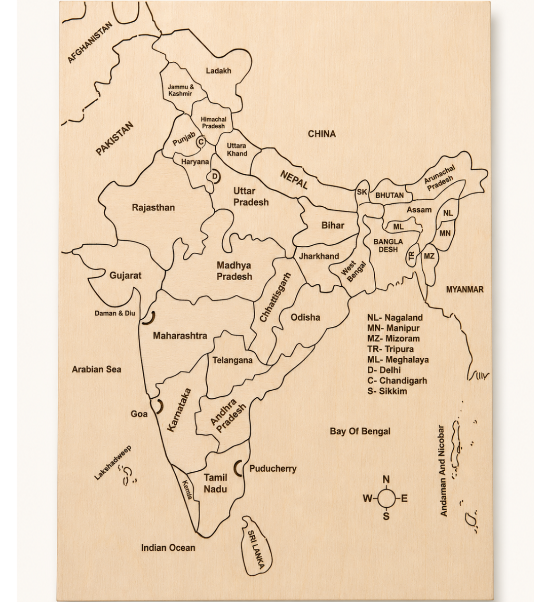RedMonkys Map of India Puzzle assembled front view with engraved state and Union Territory names