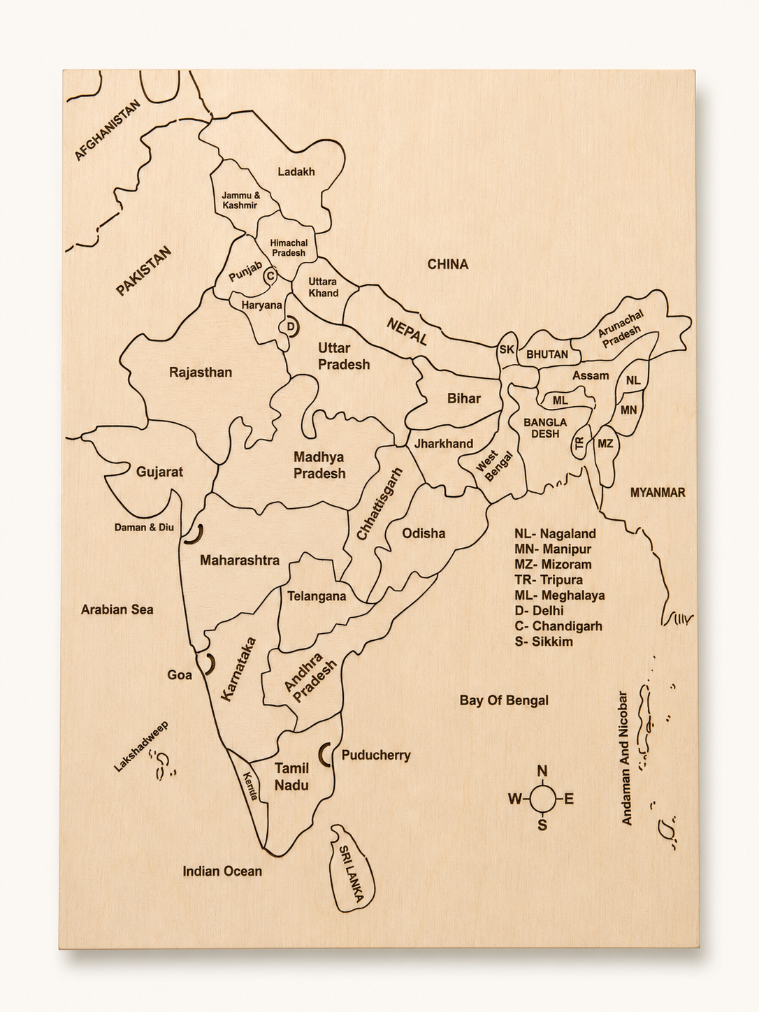 RedMonkys Map of India Puzzle assembled front view with engraved state and Union Territory names