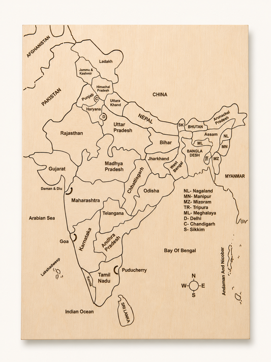 RedMonkys Map of India Puzzle assembled front view with engraved state and Union Territory names